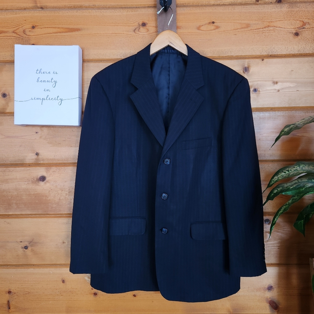 Jacques Bellini Navy 100% Wool 3 Button Suit Jacket Blazer Coat Pinstripe Sz 40S